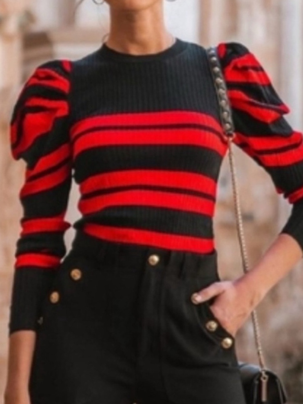 Zara Black and Red Ribbed Knit Pullover S